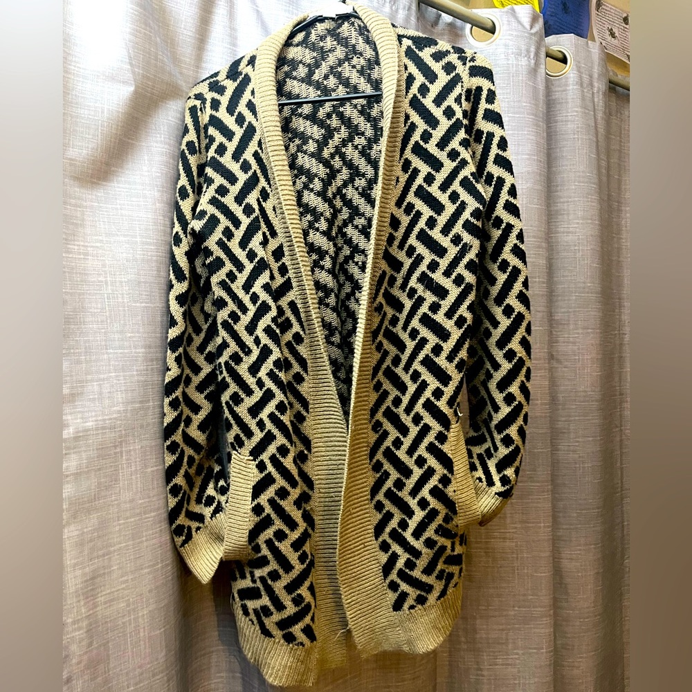 Carolyn Taylor, S, Beige/Black Patterned, Knit Cardigan w/Pockets